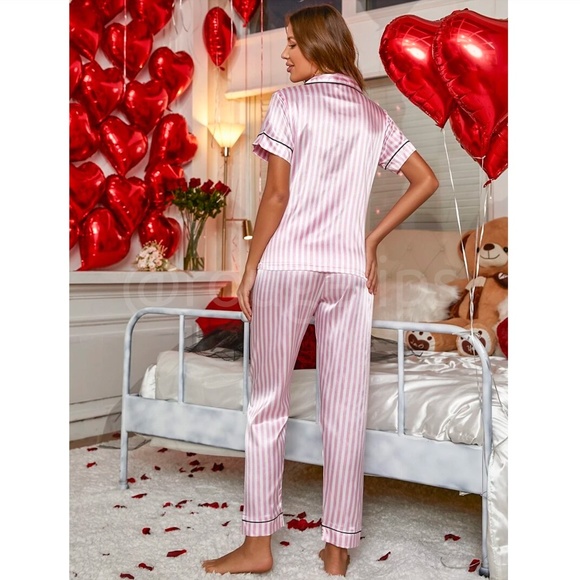 Satin Pink Stripes 2 Piece Pajamas Set Black Piping Trim - Picture 4 of 7